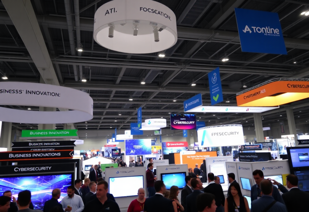 A modern bustling exhibition hall filled with diverse booths showcasing Business Innovation, AI, and Cybersecurity