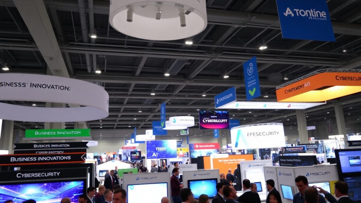 Flux1.AI-2025-02-13 - garyowl.com A modern bustling exhibition hall filled with diverse booths showcasing Business Innovation, AI, and Cybersecurity