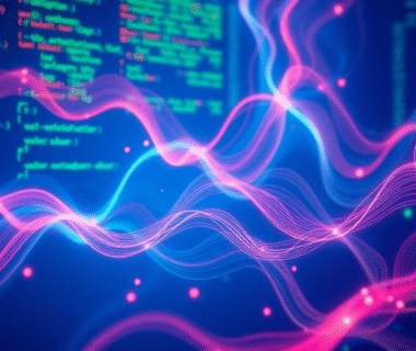 Welcome to the world of Vibe Coding! A computer screen with pink and blue lines. Made with Flux1.ai by Gary Owl