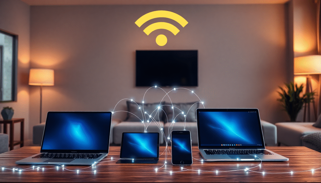 LocalSend: Multiple devices – shown on a table in a modern living room. The scene symbolizes secure, cross-platform, and private file transfer without the cloud. Made with Flux1.ai by Gary Owl.